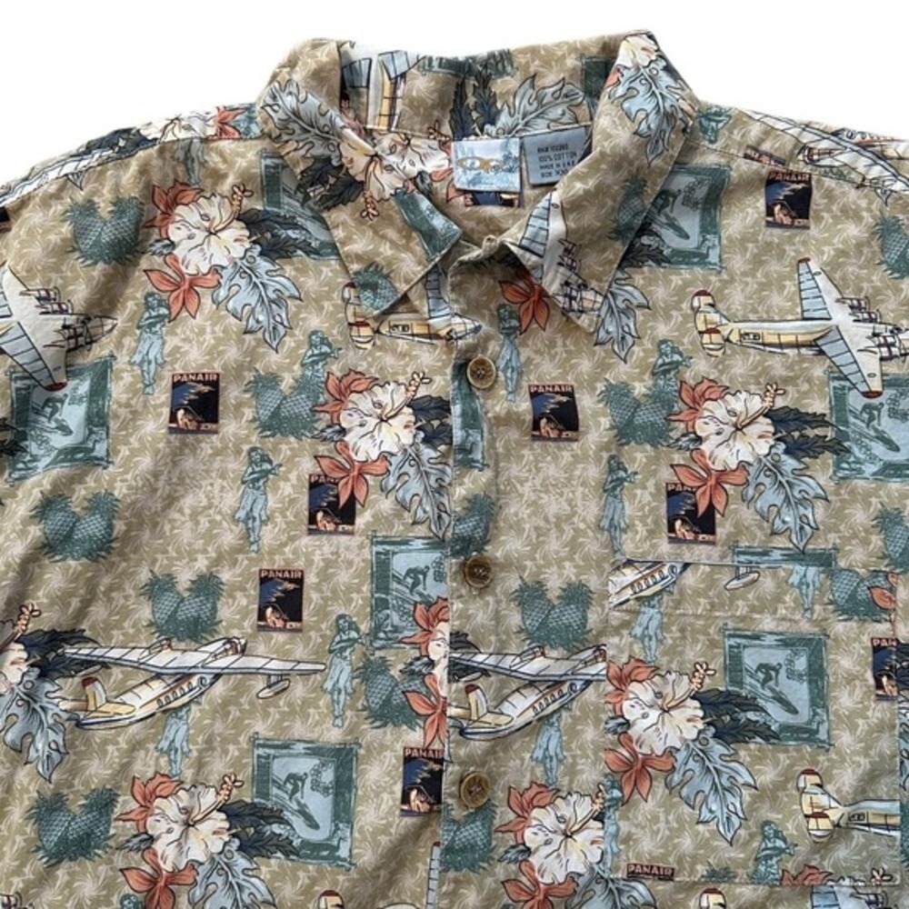 Vintage Ocean Pacific‎ Hawaiian Shirt Airplane Floral Print Short Sleeve Men XXL